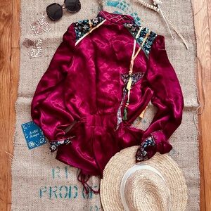 1975 Vintage  Burgundy Boho Blouse | Stevie Nicks Style | Patchwork & Beads